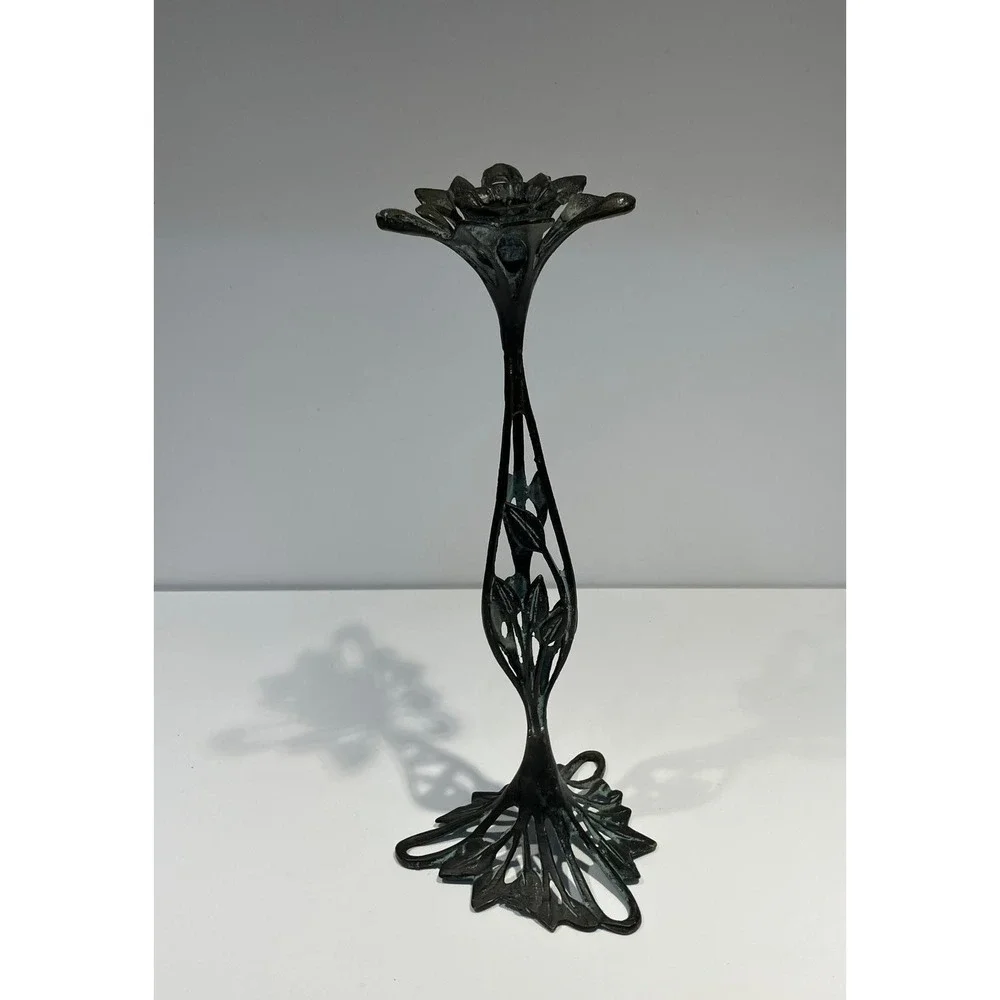 Vintage Art Nouveau Bronze Verdigris Floral Candlestick Holder 12 Inch Openwork